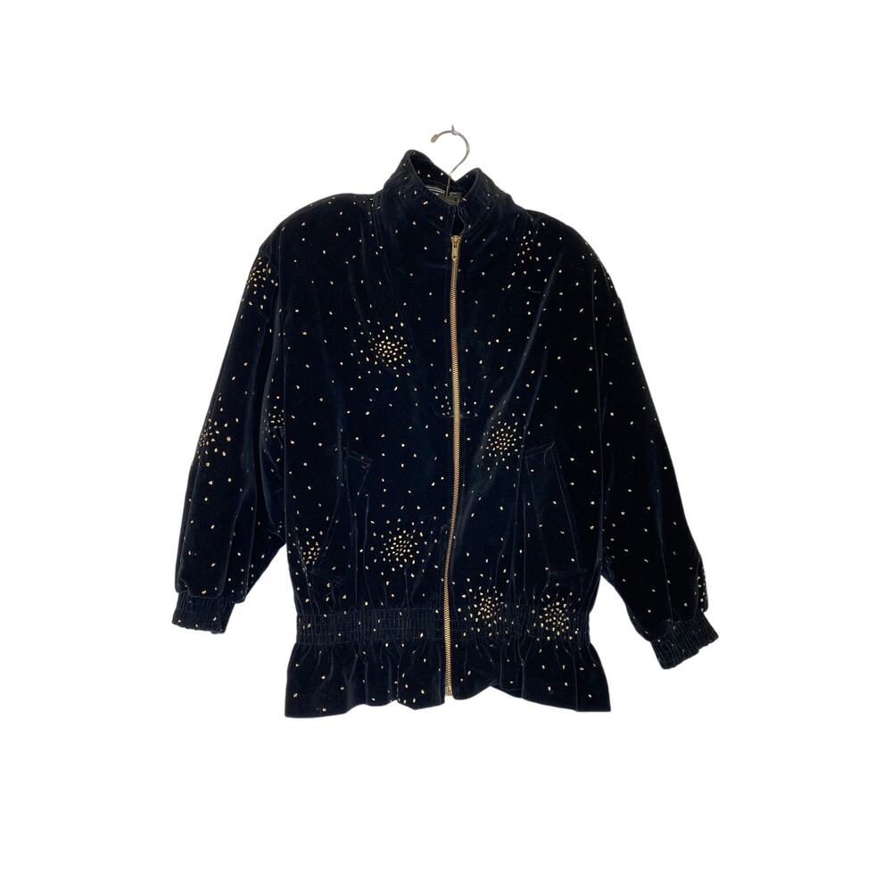 Portrait Vintage Black & Metallic Gold Fleck Peplum Velour Jacket Zipper Sz Lg